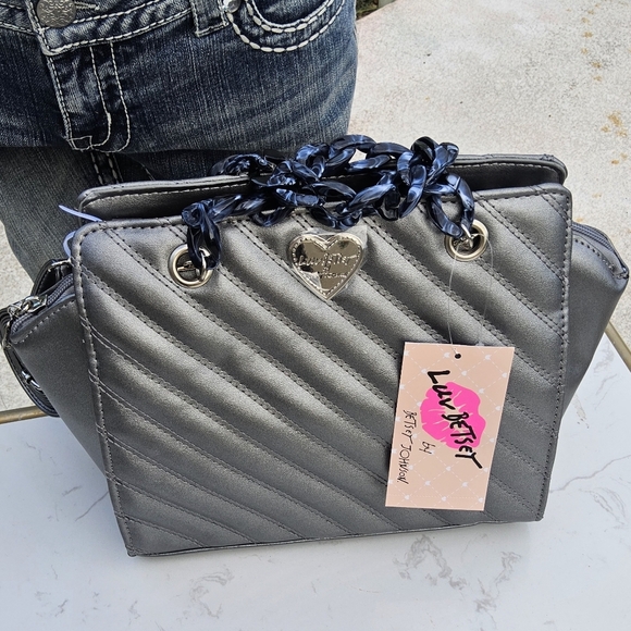 Betsey Johnson Handbags - BETSEY JOHNSON GUNMETAL LUV BETSEY QUILTED SATCHEL w/LUCITE CHAINS